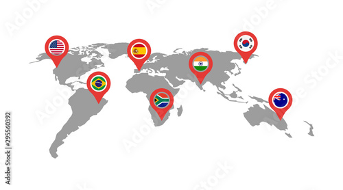 world map with pointer country in flat style