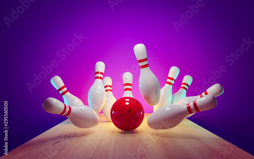 Bowling strike - ball hitting pins in the alley 3d render