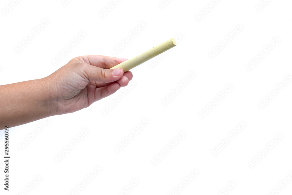 kid hand hold yellow chalk isolated white background kid hand hold yellow chalk isolated white background