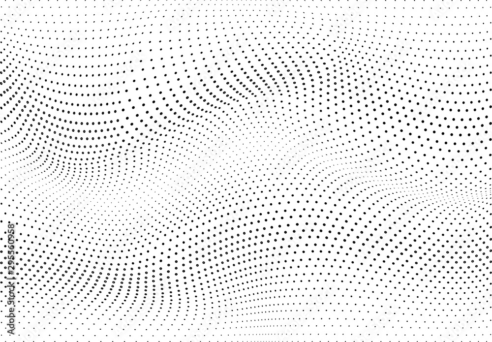 Abstract wavy dotted background. Vector halftone futuristic op art design.