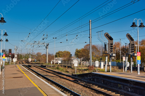 train station in uk, blue sky background