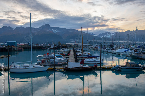 Seward Boat Harbor and waterfront in fall, Seward, Kenai Peninsula, Alaska, AK, USA. Seward is a city near Kenai Fjords National Park.