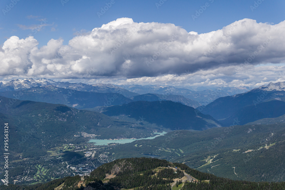 Bird view of the Whistler town in the morning from mountain.