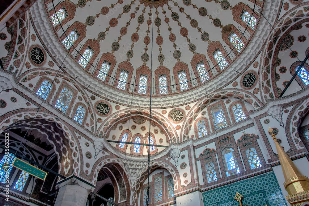 Istanbul, Turkey, 29 June 2019: New Valide Mosque interior, domes.
