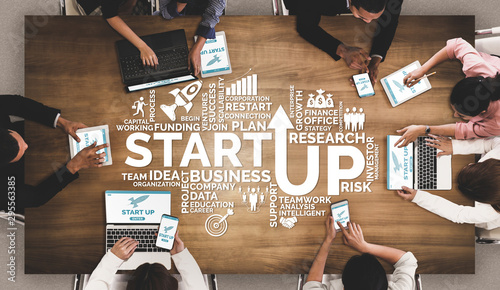 Bild auf Leinwand Start Up Business of Creative People Concept - Modern graphic interface showing symbol of entrepreneurship, fund, and project plan to start a new small business by smart group of entrepreneur