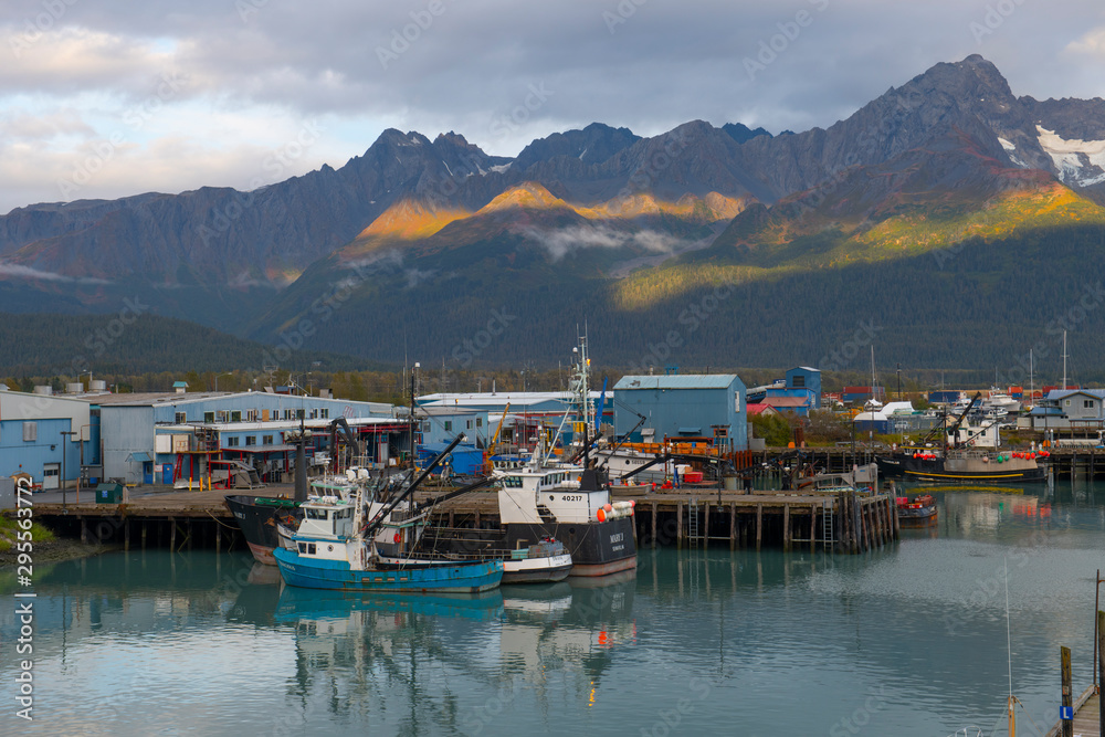 Seward Boat Harbor and waterfront in fall, Seward, Kenai Peninsula, Alaska, AK, USA. Seward is a city near Kenai Fjords National Park.