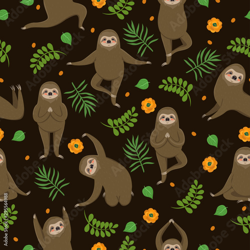 Sloths do yoga. Seamless pattern. Vector graphics.