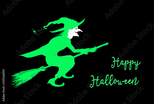 Halloween Karte mit Hexe die auf dem Besen fliegt  Hexe Silhouette   Vektor Illustration isoliert auf schwarzem Hintergrund