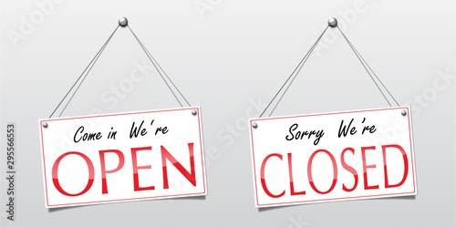 Label open and closed set hanging simple style using as a component about business and industry white background