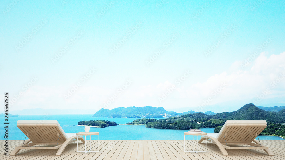 Obraz premium Beach lounge with sea view in hotel or resort on summer season - Living area and island view for holiday or vacation artwork - 3D Rendering