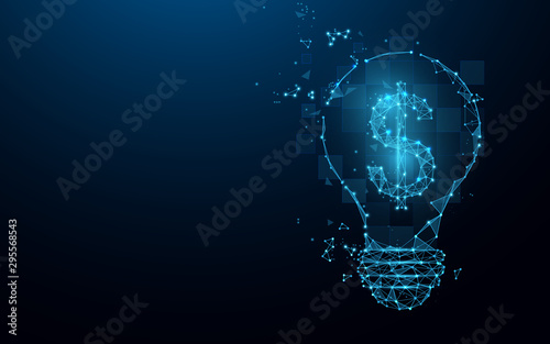 Idea bulb with dollar sign from lines, triangles and particle style design. Digital marketing concept