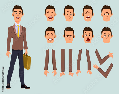 Businessman character with different facial expression and hand poses. Flat style character design for design, motion or animation.