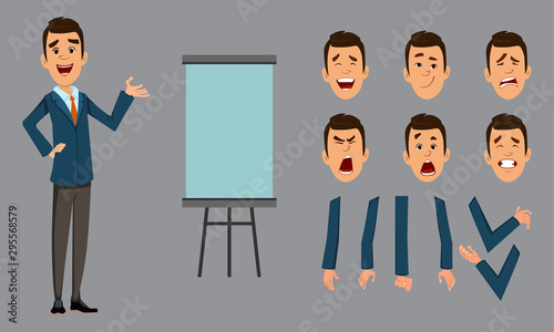 businessman stand with presentation board. businessman character with different face emotions and hands for design, motion or animation.