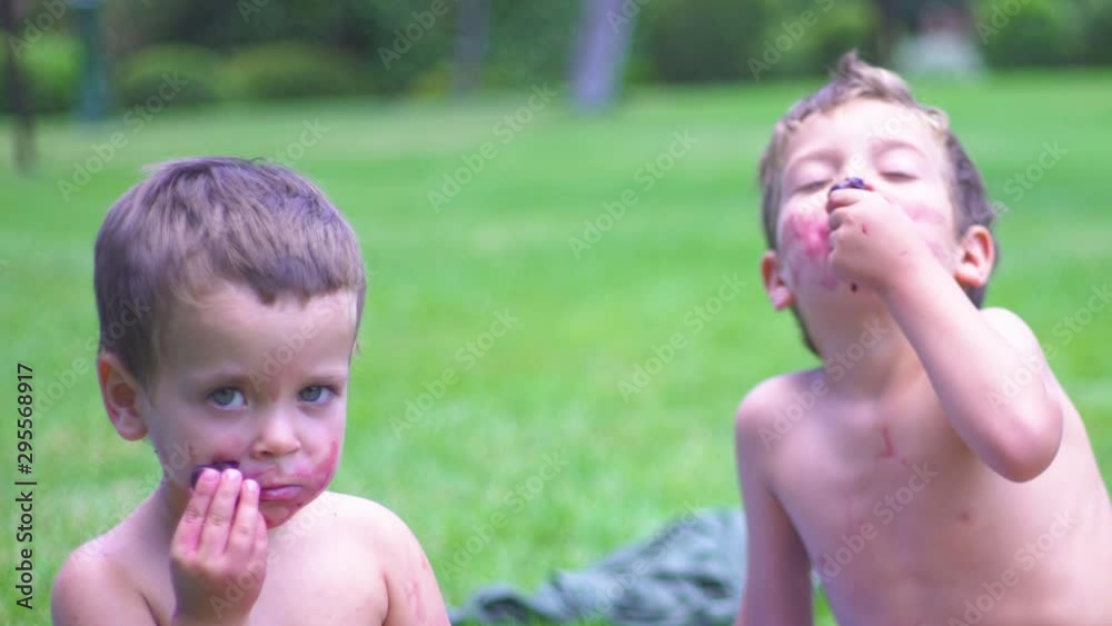 Children eating cherrys in a funny way, smiling and enjoying it in asummer day in the garden Children eating cherrys in a funny way, smiling and enjoying it in asummer day in the garden