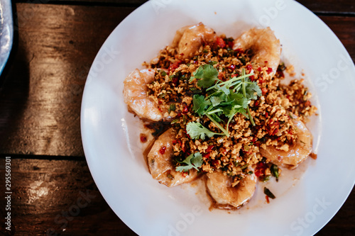 top view. Fried Shrimp on wood table.