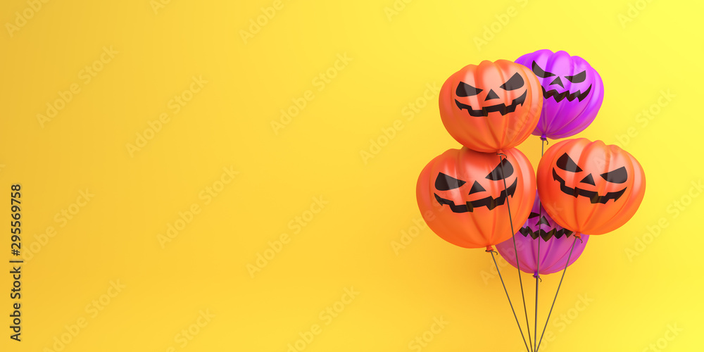 Happy Halloween decoration background with pumpkin balloons on orange background, banner, template, copy space text area. 3D rendering illustration.