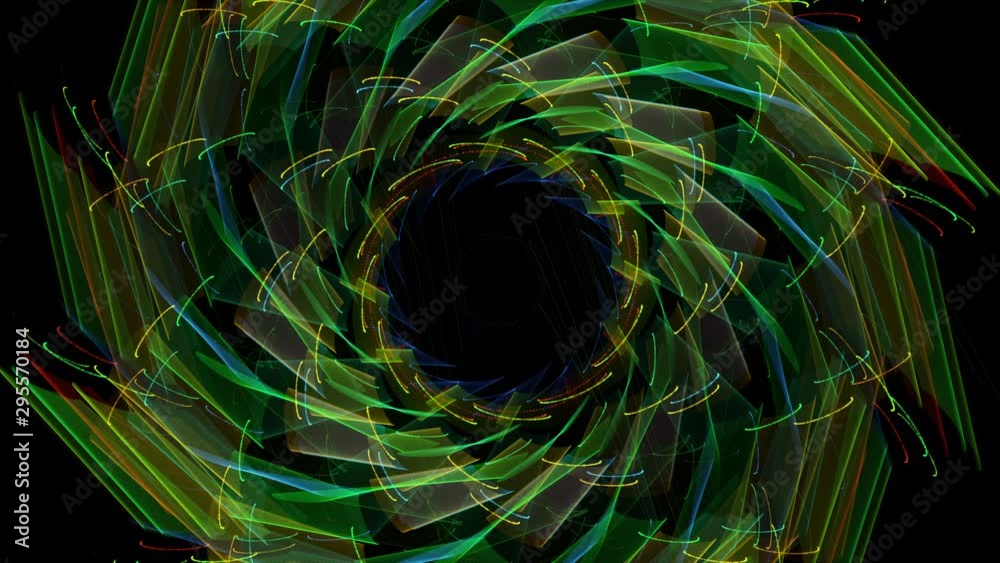 Slowly evolving abstract kaleidoscopic pattern revolves and fades to black	