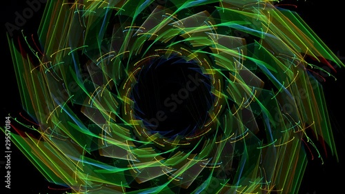 Slowly evolving abstract kaleidoscopic pattern revolves and fades to black	