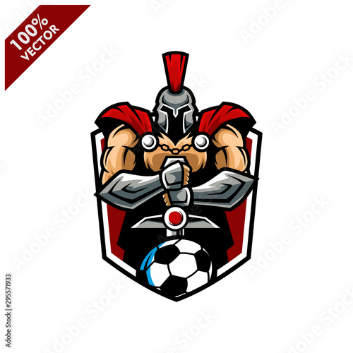 Vector sport logo, Spartan illustration and soccer football on shield background. Logo for sport club or team. Vector illustration