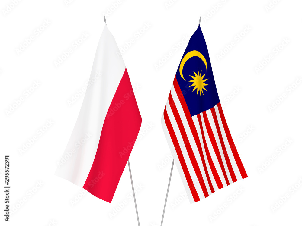 National fabric flags of Malaysia and Poland isolated on white background. 3d rendering illustration.