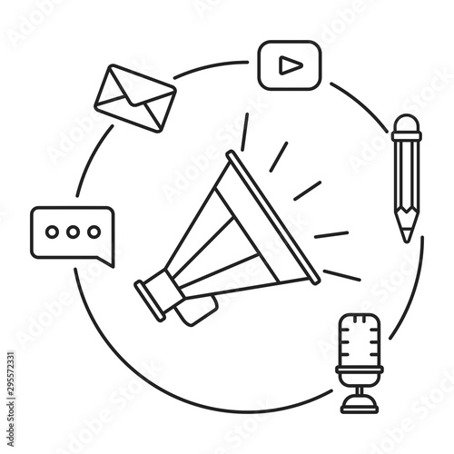Digital marketing concept. Outline thin line illustration. Isolated on white background. 