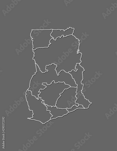 Ghana vector map with border lines of regions using gray color on dark background illustration