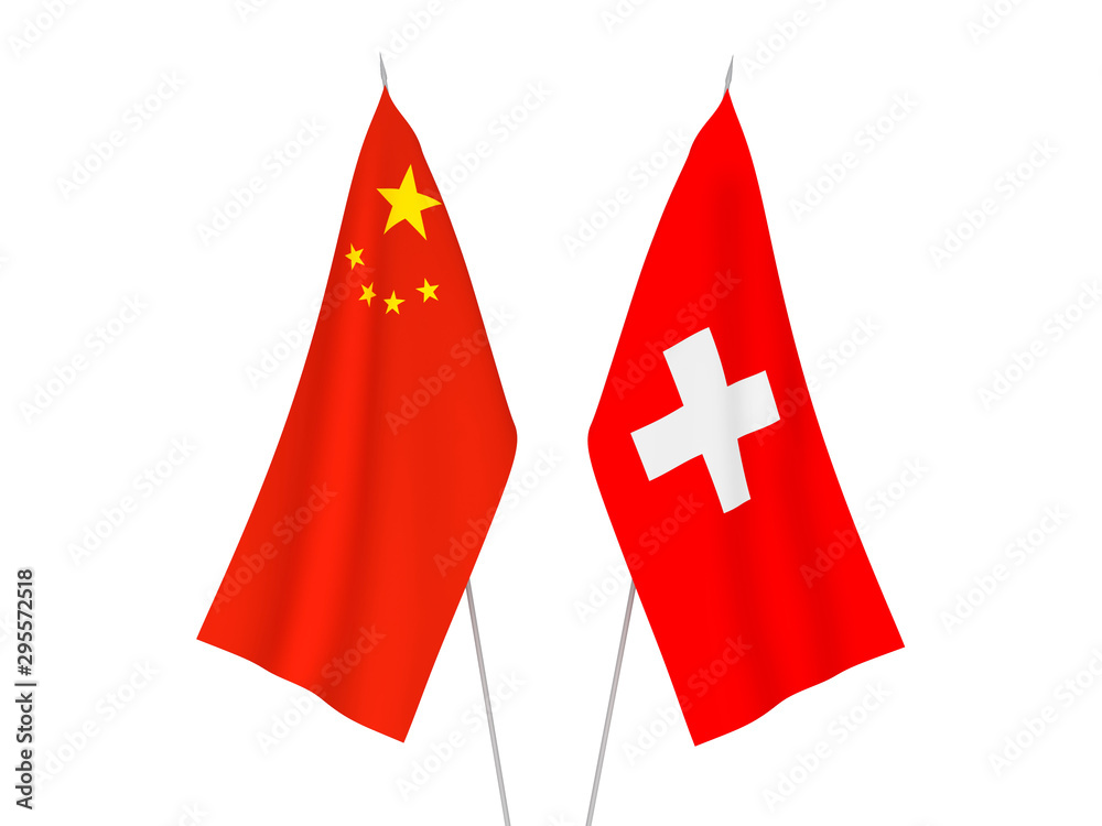 Obraz premium National fabric flags of China and Switzerland isolated on white background. 3d rendering illustration.