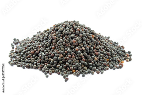Dried canola brassica seeds isolated on white. Bunch of rape seeds on a white background. Close-up. Collected rapeseed seeds isolated on white background.