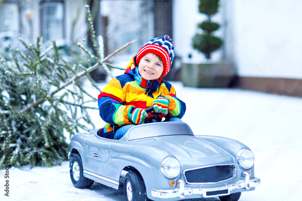 Funny little smiling kid boy driving toy car with Christmas tree. Happy child in winter fashion clothes bringing hewed xmas tree from snowy forest. Family, tradition, holiday.