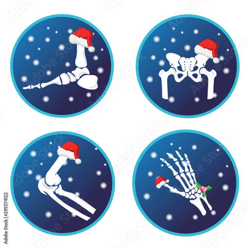 Hand ,foot,elbow,pelvis bone and Christmas cap, snow. Vector flat design for radiology , orthopedic, sport medicine, diagnostics or corrective therapy. Vector illustration