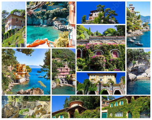 Collage about beautiful villas or colorful houses at Italy
