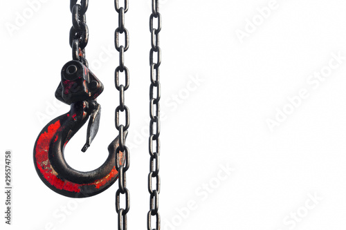 old red lifting hook of chain hoist crane 2 tons isolated on white background, copy space