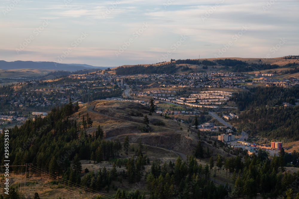 Beautiful Aerial View of a Canadian City, Kamloops, during a colorful summer sunrise. Located in the Interior British Columbia, Canada.