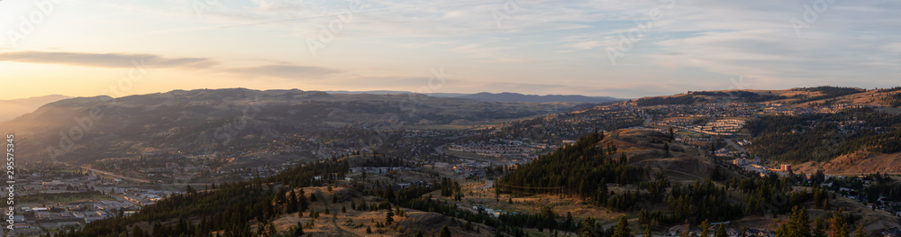 Beautiful Aerial Panoramic View of a Canadian City, Kamloops, during a colorful summer sunrise. Located in the Interior British Columbia, Canada.