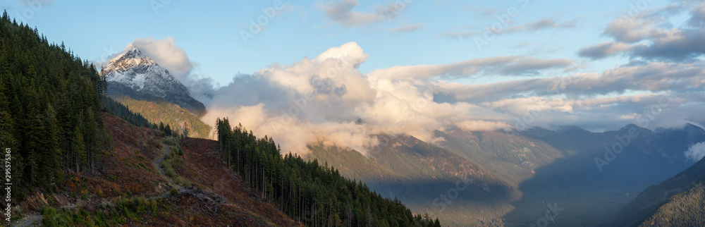 Beautiful Aerial Panoramic Landscape of Canadian Mountains during a cloudy sunset in Fall Season. Taken near Chilliwack, East of Vancouver, BC, Canada.