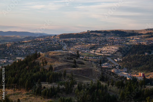 Beautiful Aerial View of a Canadian City  Kamloops  during a colorful summer sunrise. Located in the Interior British Columbia  Canada.