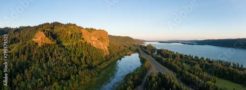 Beautiful Aerial Panoramic View of Columbia River during a vibrant summer sunrise. Taken in Oregon, United States of America.