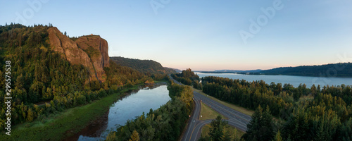 Beautiful Aerial Panoramic View of Columbia River during a vibrant summer sunrise. Taken in Oregon, United States of America.