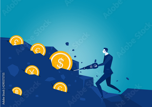 Businessman digging tool in the rock with coin vector