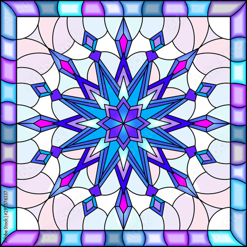 Illustration in stained glass style with snowflake in blue colors in a bright frame 