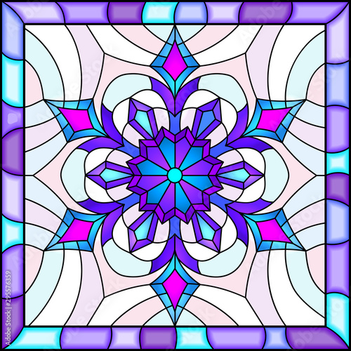 Illustration in stained glass style with snowflake in blue colors in a bright frame 