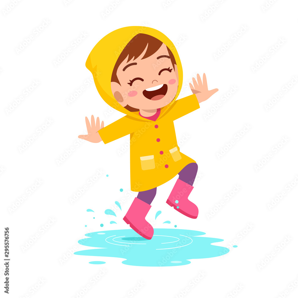 happy cute kid girl play wear raincoat happy cute kid girl play wear raincoat