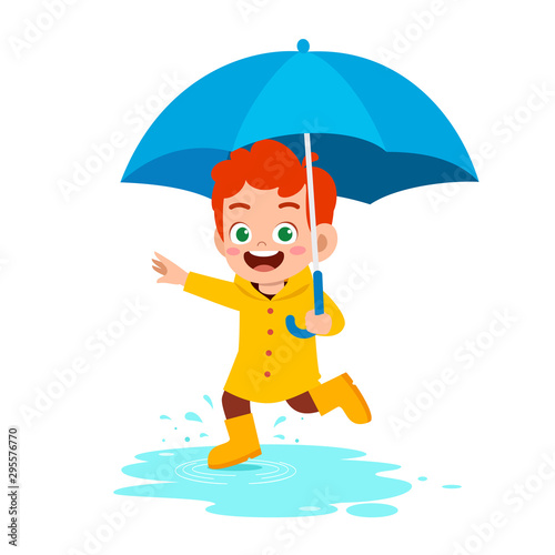 happy cute kid boy play wear raincoat
