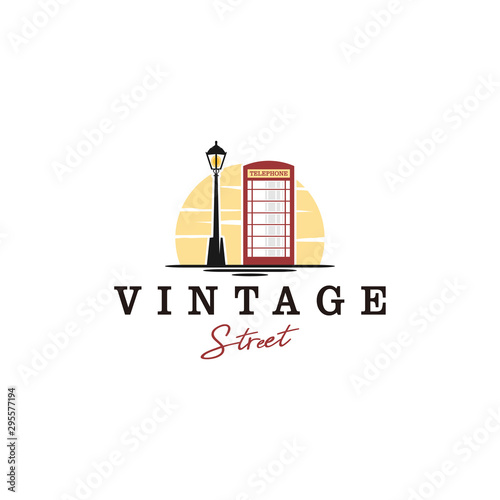 Garden logo with pay phones and classic style garden lights with sunset