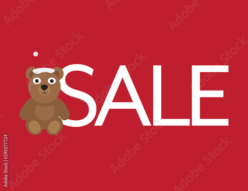 Christmas Sale - Cute Bear with Santa Hat and White Letters on Red Background