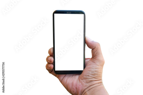 hand holding black phone with white screen isolated on white background of file with Clipping Path .