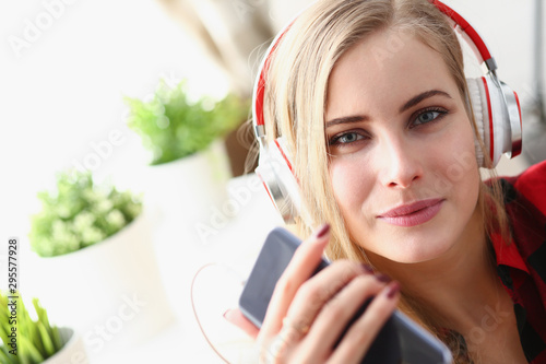 woman listen music headphones dream relax