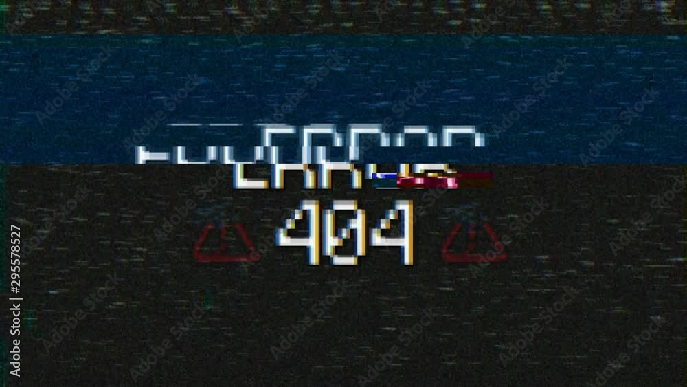 Video animation of a monitor screen with noise and the message error 404. Generated with glitch effect. Abstract background.