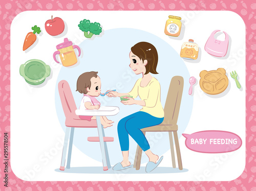 Mother feeding her baby. Characters and related items. Vector illustration.