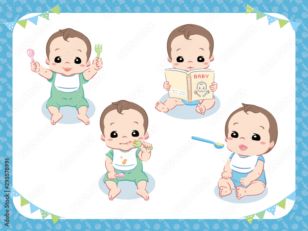 Baby eating food. Poses set. Vector illustration. Baby eating food. Poses set. Vector illustration.